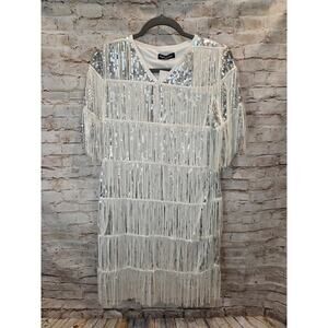 Pretty Guide Sequins Silver Dress With Fringes Short Sleeve Size 12